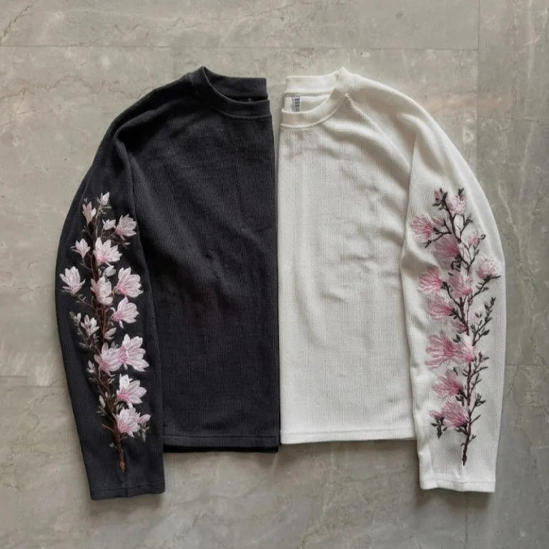 Knitted Long Sleeve T-shirt Round Neck Flower Embroidery