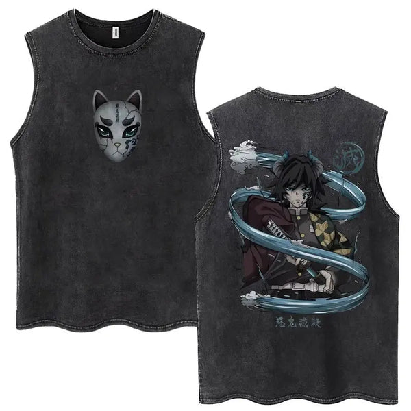 Acid Washed Gym Vest Oversized Demon Slayer