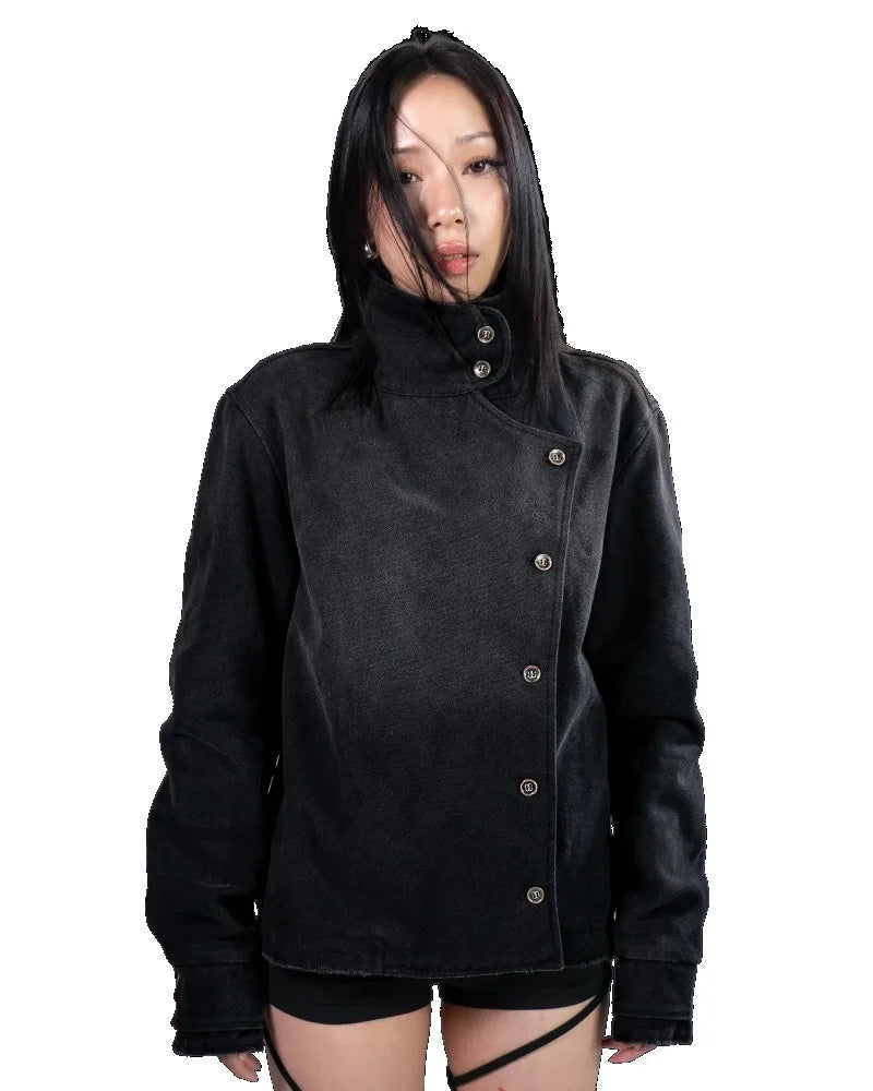 'Midnight Commander' Vintage Black Denim Two Piece Set Asymmetric Button High Neck Jacket