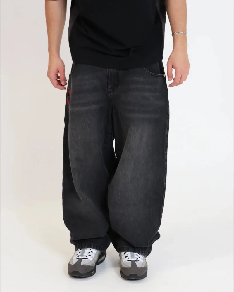Saturo Baggy Jeans Men Embroidery Black Wide Leg Denim Pants