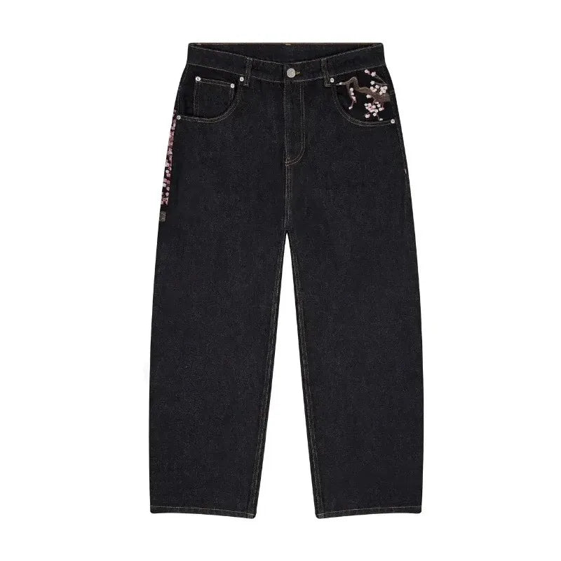Two Piece Cherry Blossom Embroidery oversized Set - Hoodie / Jeans
