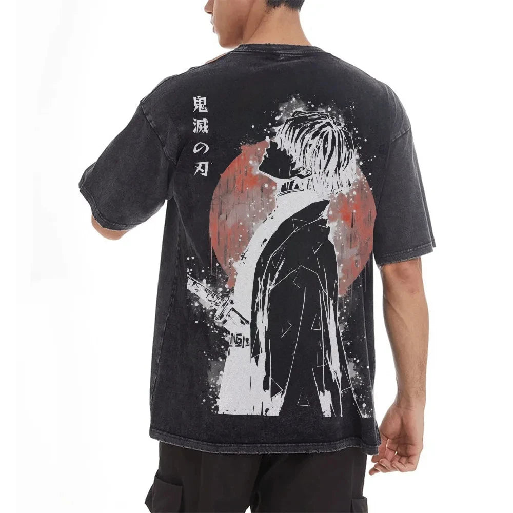 Retro Washed Old T-shirt Demon Slayer 90s Street Style Short-sleeved Top