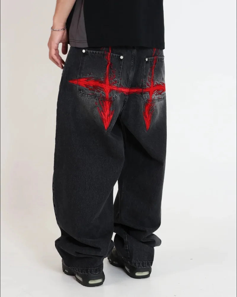 Saturo Baggy Jeans Men Embroidery Black Wide Leg Denim Pants