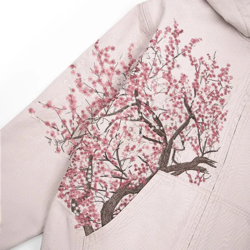 Two Piece Cherry Blossom Embroidery oversized Set - Hoodie / Jeans