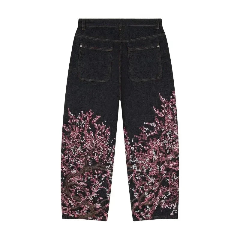Two Piece Cherry Blossom Embroidery oversized Set - Hoodie / Jeans