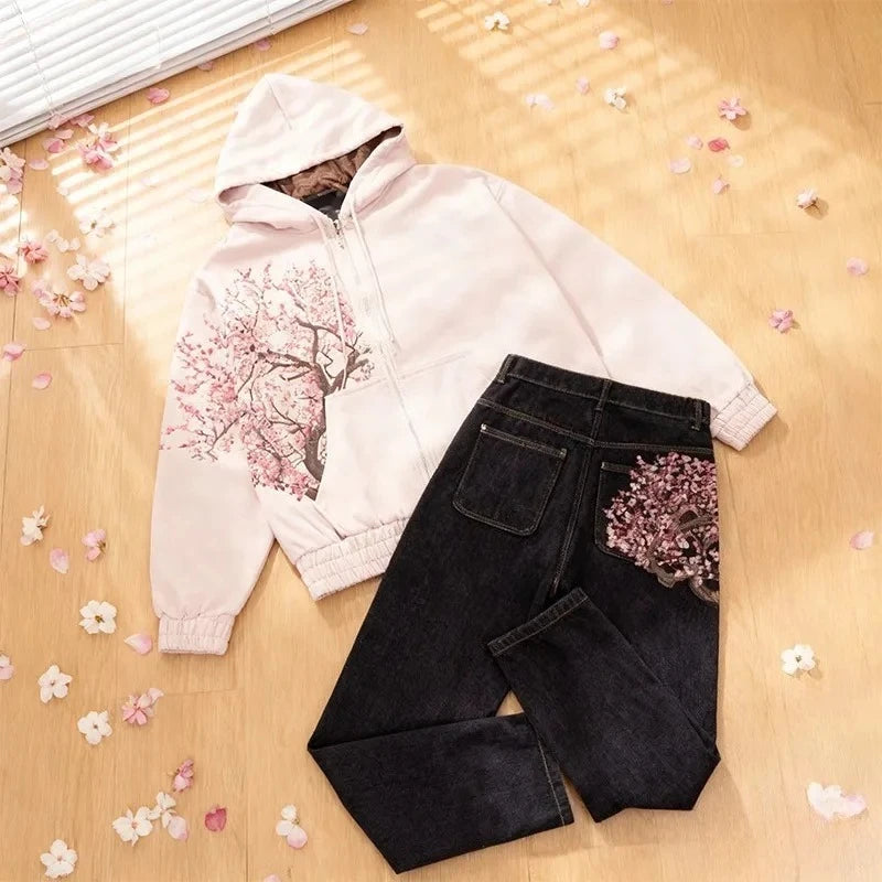 Two Piece Cherry Blossom Embroidery oversized Set - Hoodie / Jeans
