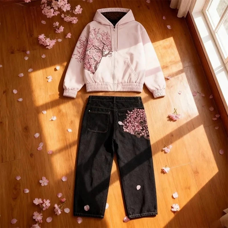 Two Piece Cherry Blossom Embroidery oversized Set - Hoodie / Jeans