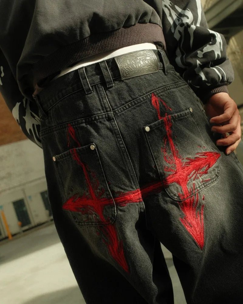 Saturo Baggy Jeans Men Embroidery Black Wide Leg Denim Pants