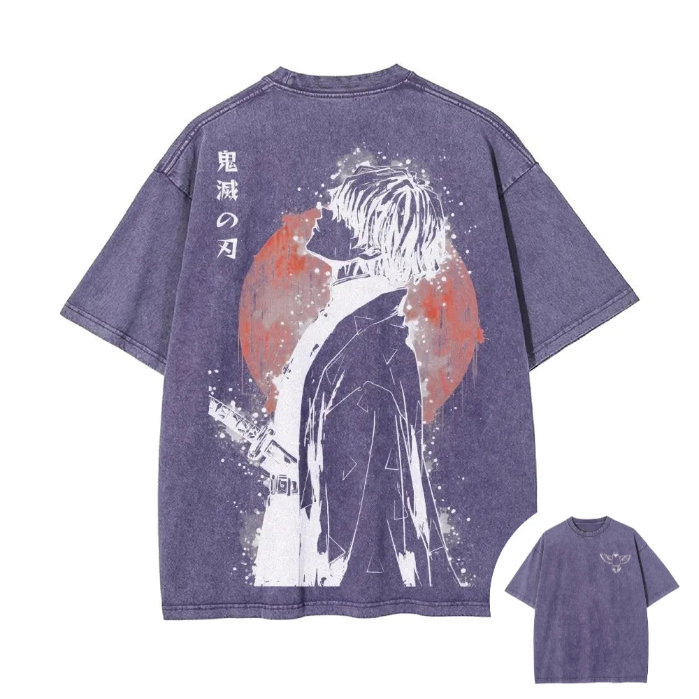 Retro Washed Old T-shirt Demon Slayer 90s Street Style Short-sleeved Top