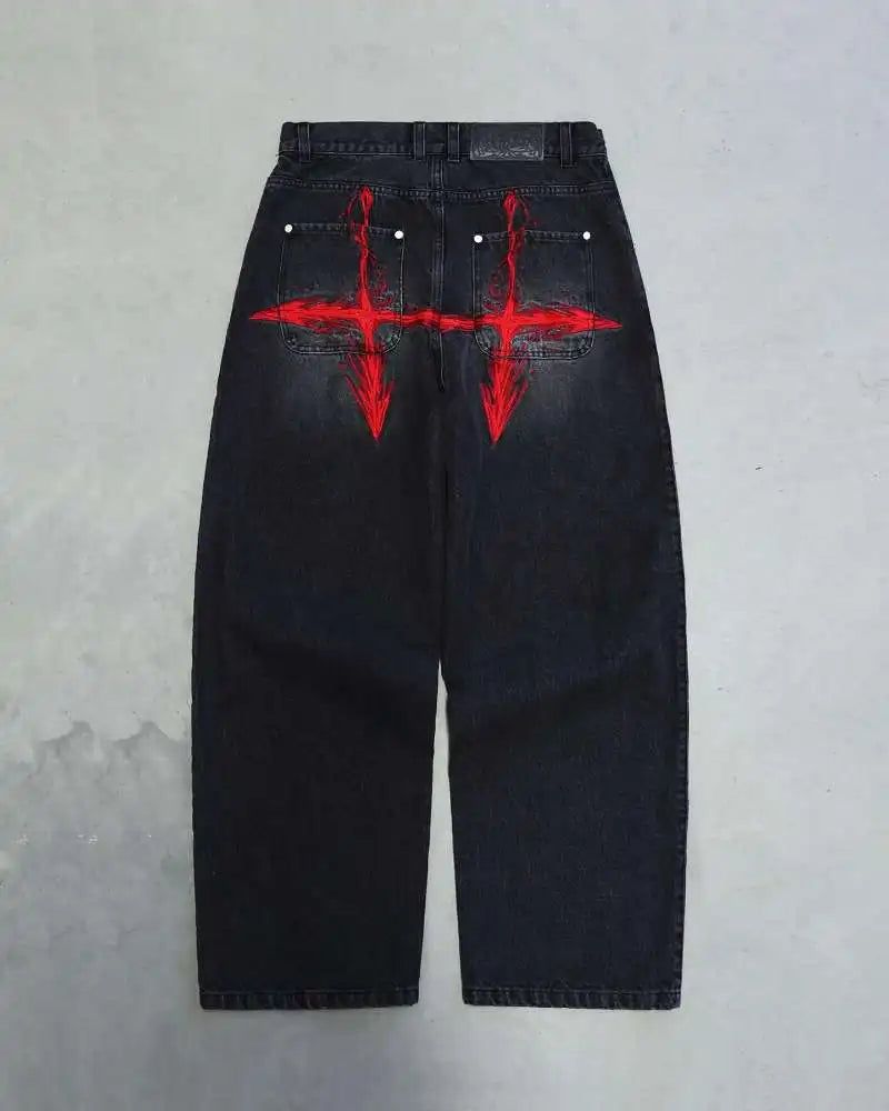 Saturo Baggy Jeans Men Embroidery Black Wide Leg Denim Pants