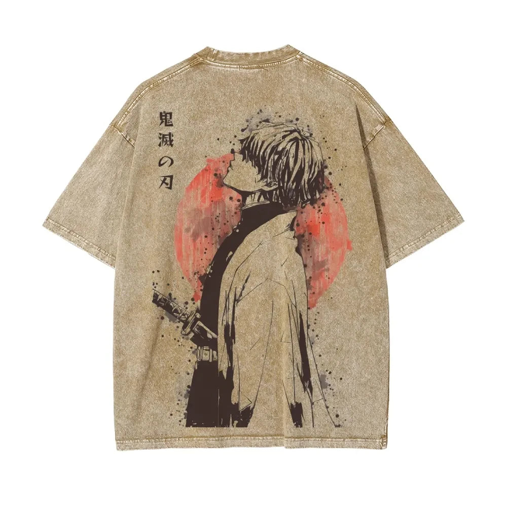 Retro Washed Old T-shirt Demon Slayer 90s Street Style Short-sleeved Top