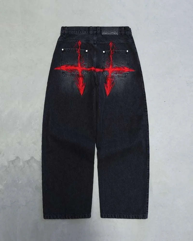 Saturo Baggy Jeans Men Embroidery Black Wide Leg Denim Pants