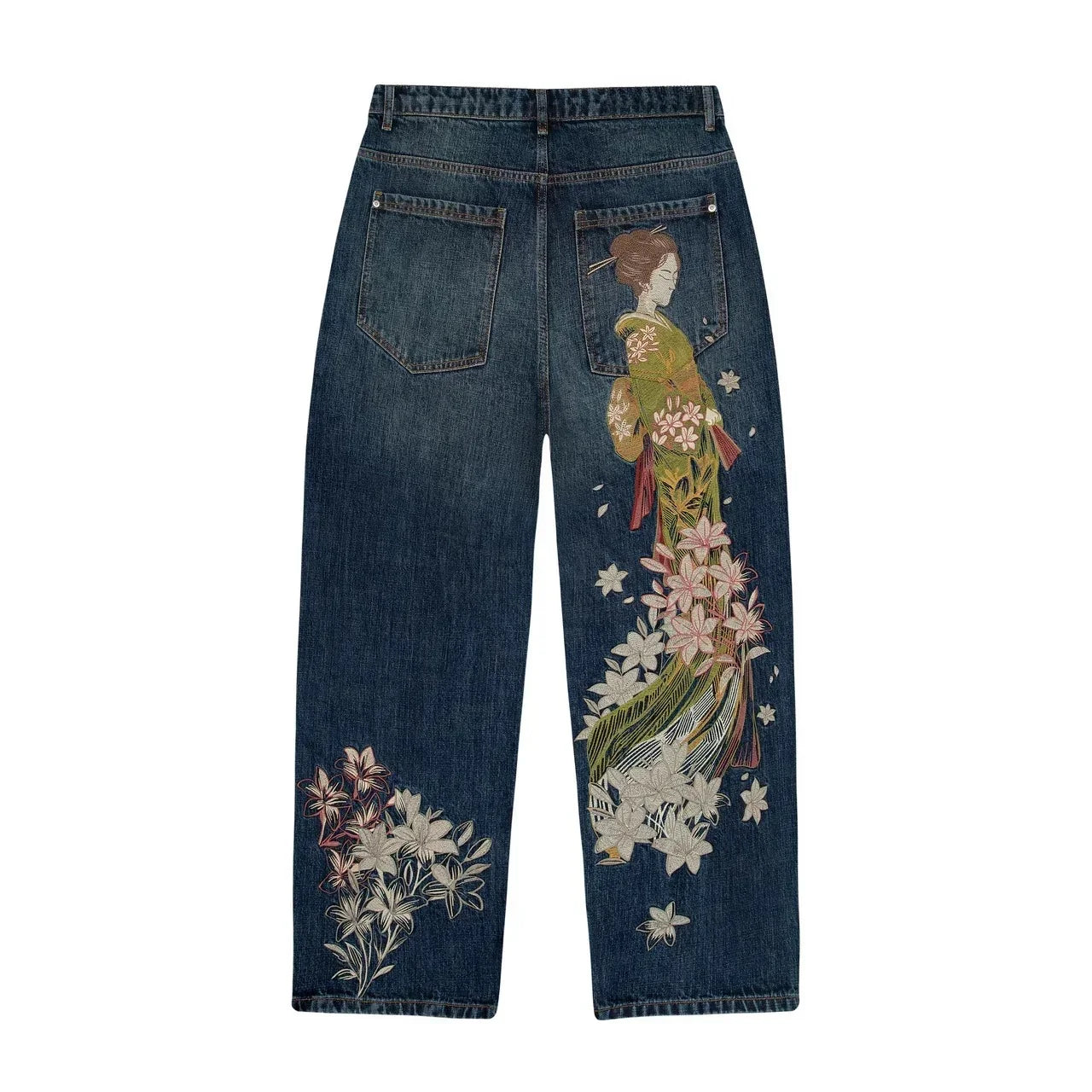 Two Piece Cherry Blossom Embroidery oversized Set - Hoodie / Jeans