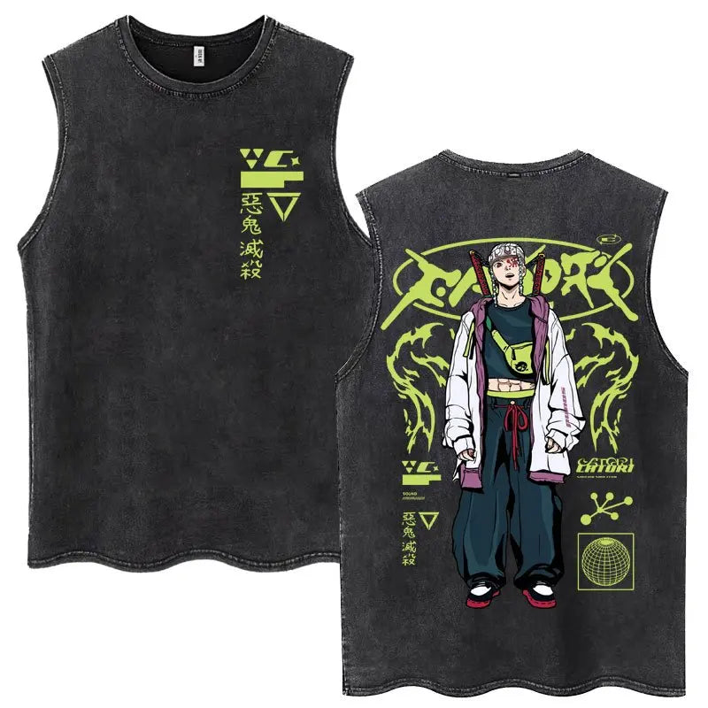 Acid Washed Gym Vest Oversized Demon Slayer