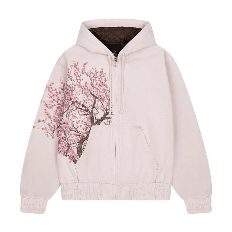 Two Piece Cherry Blossom Embroidery oversized Set - Hoodie / Jeans