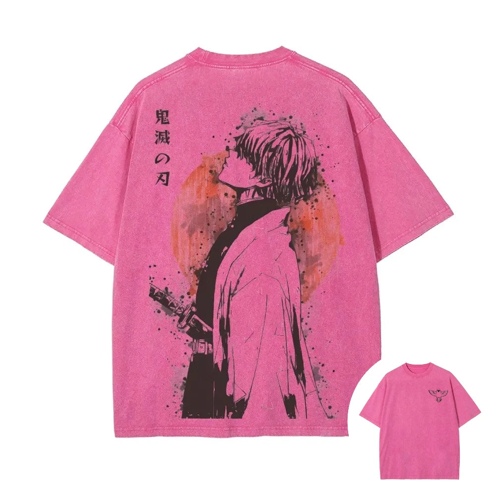 Retro Washed Old T-shirt Demon Slayer 90s Street Style Short-sleeved Top