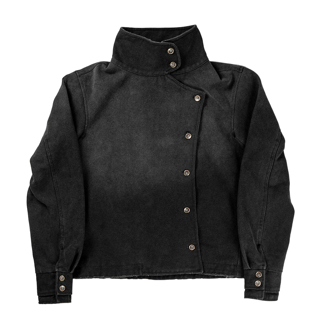'Midnight Commander' Vintage Black Denim Two Piece Set Asymmetric Button High Neck Jacket
