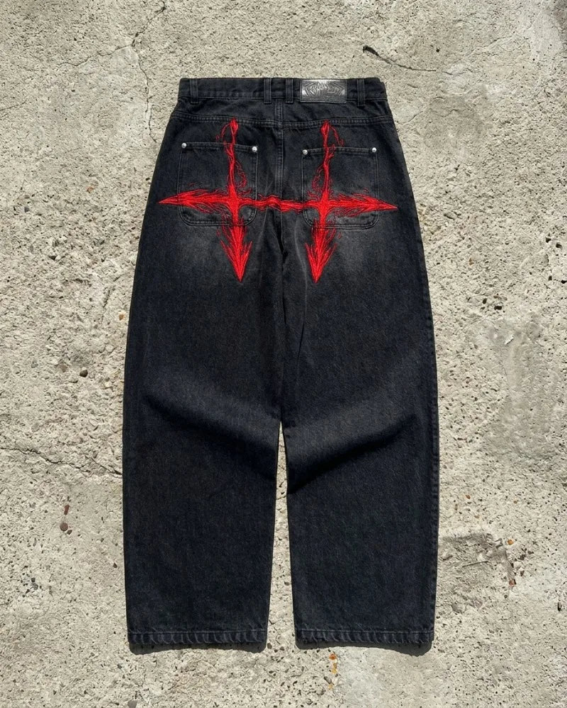 Saturo Baggy Jeans Men Embroidery Black Wide Leg Denim Pants