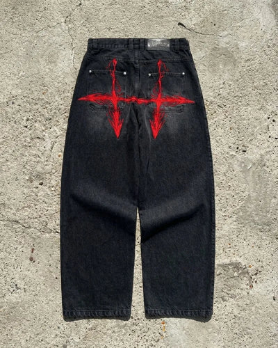 Saturo Baggy Jeans Men Embroidery Black Wide Leg Denim Pants